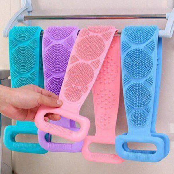 ليفة استحمام سيليكون بشكل حزام مزدوج الجانب مقاومة للماء وسهلة الاستخدام لتدليك وتنظيف الظهر وتقشير الجسم وتنظيف القدمين