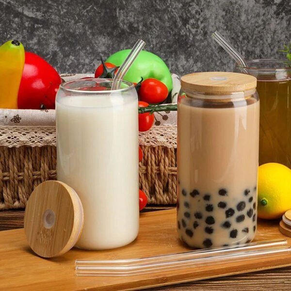 كوب بغطاء خشبي وشاليموه زجاج شفاف: عملي للعصائر والأيس كوفي كانز ترندي ومصمم بأناقة