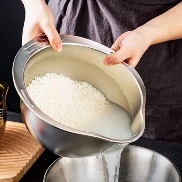 مصفاة أرز بفتحة تصريف جانبية، وعاء غسيل الأرز مع صفاية لتنظيف الفواكه والخضروات - مقاس 27سم (فضي)