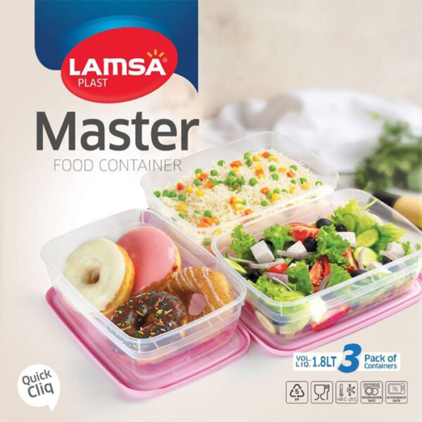 علب حفظ طعام مستطيلة ماستر من لمسه، مصنوعة من البلاستيك، مجموعة من 3 قطع، سعة 1.8 لتر