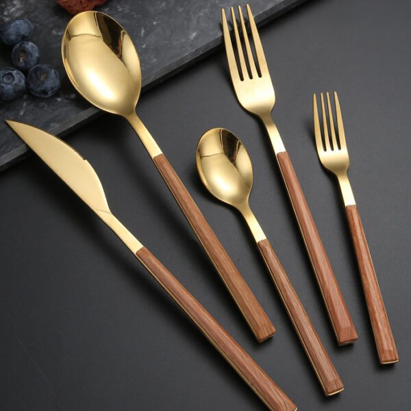 طقم أدوات مائدة بمقابض خشبية - مكون من 24 قطعة - آمن للغسل في غسالة الأطباق